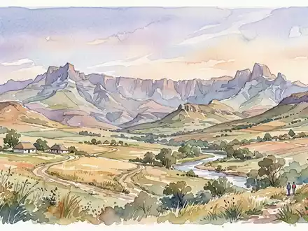Aquarellillustration des Wahrzeichens Drakensberge in Winterton Sudafrika, weiche Farbverläufe und pastelliges Reiseposter-Feeling - Foto: THN