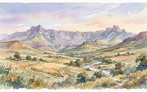 Aquarellillustration des Wahrzeichens Drakensberge in Winterton Sudafrika, weiche Farbverläufe und pastelliges Reiseposter-Feeling - Foto: THN
