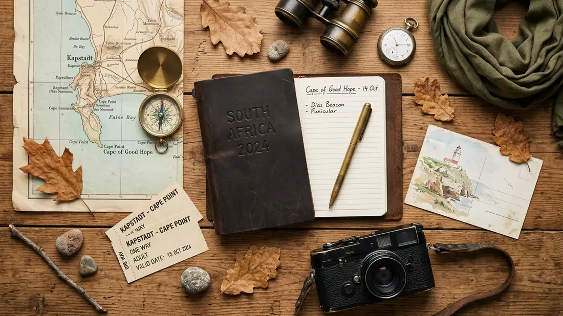 Flatlay-Reise-Arrangement rund um Kap der Guten Hoffnung in Kapstadt, Sudafrika