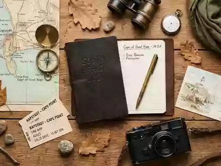 Flatlay-Reise-Arrangement rund um Kap der Guten Hoffnung in Kapstadt Sudafrika, Karte Kompass Kamera und generische - Foto: THN