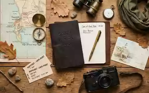 Flatlay-Reise-Arrangement rund um Kap der Guten Hoffnung in Kapstadt Sudafrika, Karte Kompass Kamera und generische - Foto: THN