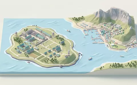Isometrisches Diorama von Robben Island und Umgebung in Kapstadt Sudafrika, verspielte Low-Poly-Kulisse in Pastellfarben - Foto: THN