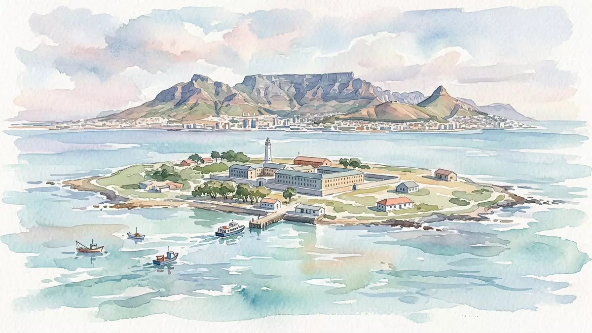 Aquarell-Illustration von Robben Island in Kapstadt, Sudafrika als Reiseposter