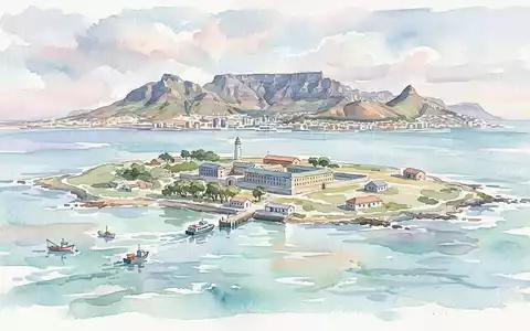 Aquarellillustration des Wahrzeichens Robben Island in Kapstadt Sudafrika, weiche FarbverlÀufe und pastelliges Reiseposter-Feeling - Foto: THN