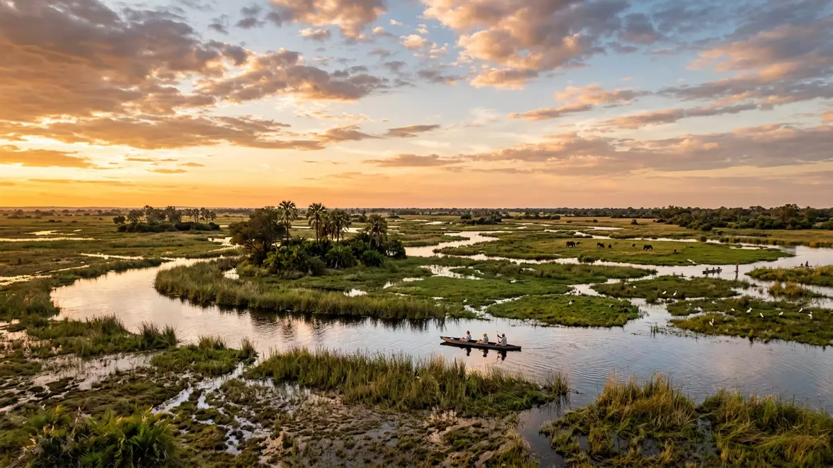 Fotorealistische Ansicht von Okavango-Delta in Maun, Botswana im Abendlicht