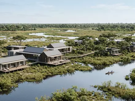Moderner Architektur-Render zeigt Silhouette von Okavango-Delta in Maun Botswana, klare Linien und neutrales Tageslicht - Foto: THN