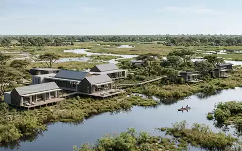 Moderner Architektur-Render zeigt Silhouette von Okavango-Delta in Maun Botswana, klare Linien und neutrales Tageslicht - Foto: THN