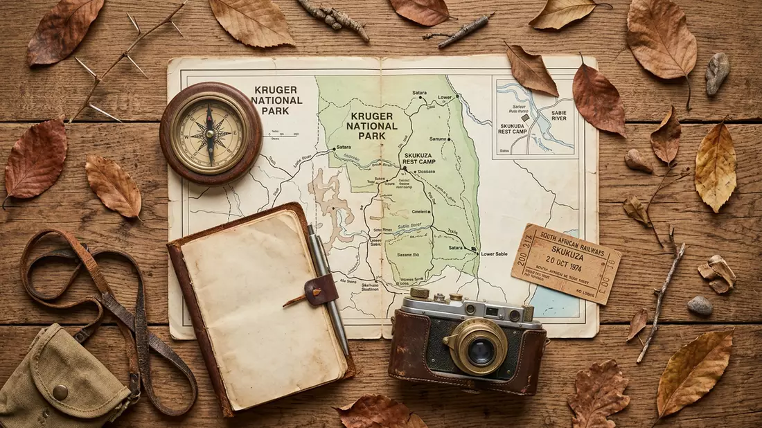 Flatlay-Reise-Arrangement rund um Kruger-Nationalpark in Skukuza, Sudafrika