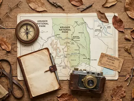 Flatlay-Reise-Arrangement rund um Kruger-Nationalpark in Skukuza Sudafrika, Karte Kompass Kamera und generische Reiserequisiten - Foto: THN