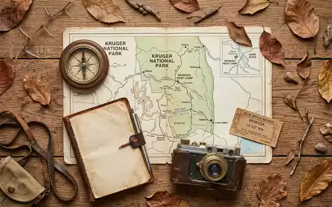 Flatlay-Reise-Arrangement rund um Kruger-Nationalpark in Skukuza Sudafrika, Karte Kompass Kamera und generische Reiserequisiten - Foto: THN