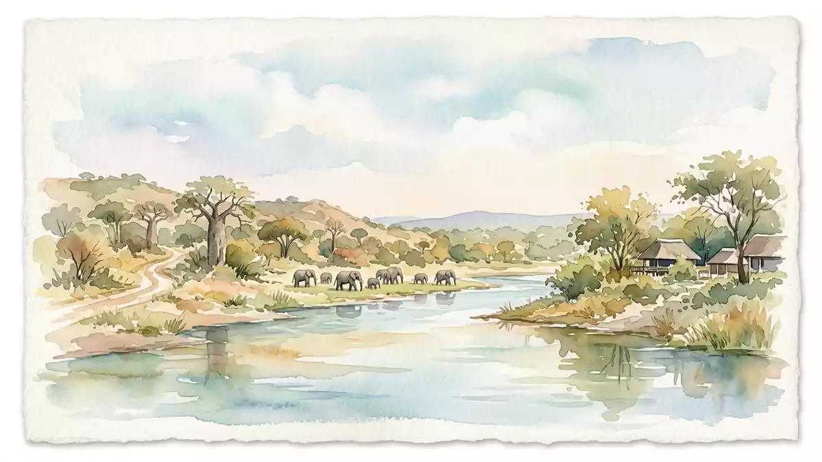 Aquarell-Illustration von Kruger-Nationalpark in Skukuza, Sudafrika als Reiseposter