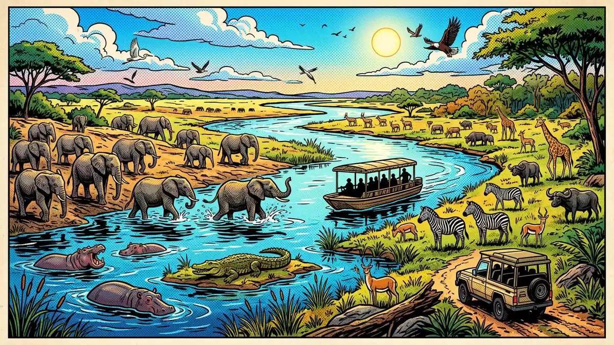 Pop-Art-Comic von Chobe-Nationalpark in Kasane, Botswana mit Rasterpunkten