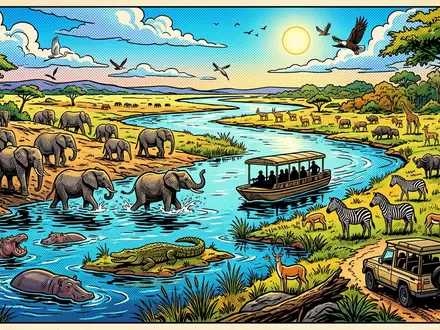Pop-Art-Comicillustration des Wahrzeichens Chobe-Nationalpark in Kasane Botswana, kraeftige Konturen Rasterpunkte und satte Farben - Foto: THN