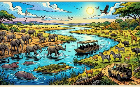 Pop-Art-Comicillustration des Wahrzeichens Chobe-Nationalpark in Kasane Botswana, kraeftige Konturen Rasterpunkte und satte Farben - Foto: THN