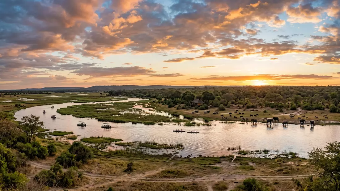 Fotorealistische Ansicht von Chobe-Nationalpark in Kasane, Botswana im Abendlicht