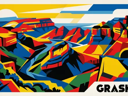 Bauhaus-Poster als geometrische Abstraktion von Blyde River Canyon in Graskop Sudafrika, kraeftige Grundfarben und harte - Foto: THN