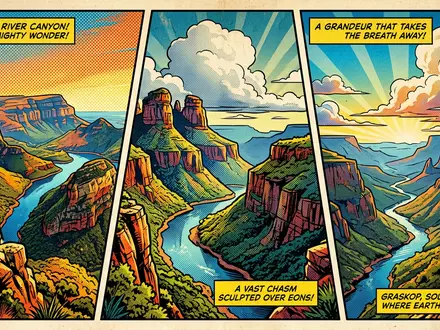Pop-Art-Comicillustration des Wahrzeichens Blyde River Canyon in Graskop Sudafrika, kraeftige Konturen Rasterpunkte und satte Farben - Foto: THN