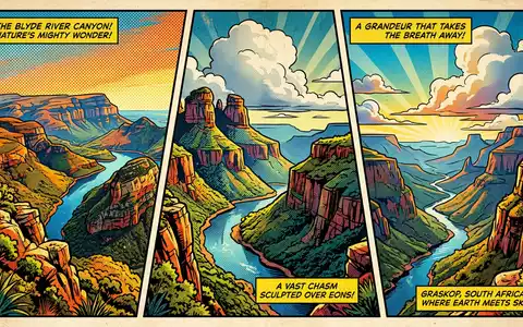 Pop-Art-Comicillustration des Wahrzeichens Blyde River Canyon in Graskop Sudafrika, kraeftige Konturen Rasterpunkte und satte Farben - Foto: THN