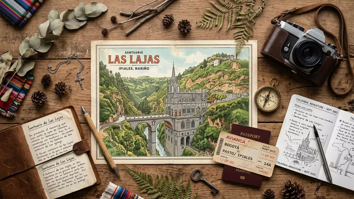 Flatlay-Reise-Arrangement rund um Las-Lajas-Heiligtum in Ipiales, Kolumbien