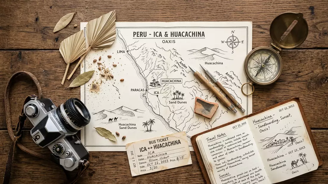 Flatlay-Reise-Arrangement rund um Huacachina in Ica, Peru