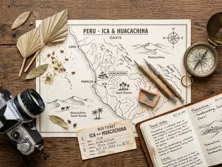 Flatlay-Reise-Arrangement rund um Huacachina in Ica Peru, Karte Kompass Kamera und generische Reiserequisiten - Foto: THN