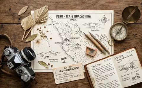 Flatlay-Reise-Arrangement rund um Huacachina in Ica Peru, Karte Kompass Kamera und generische Reiserequisiten - Foto: THN