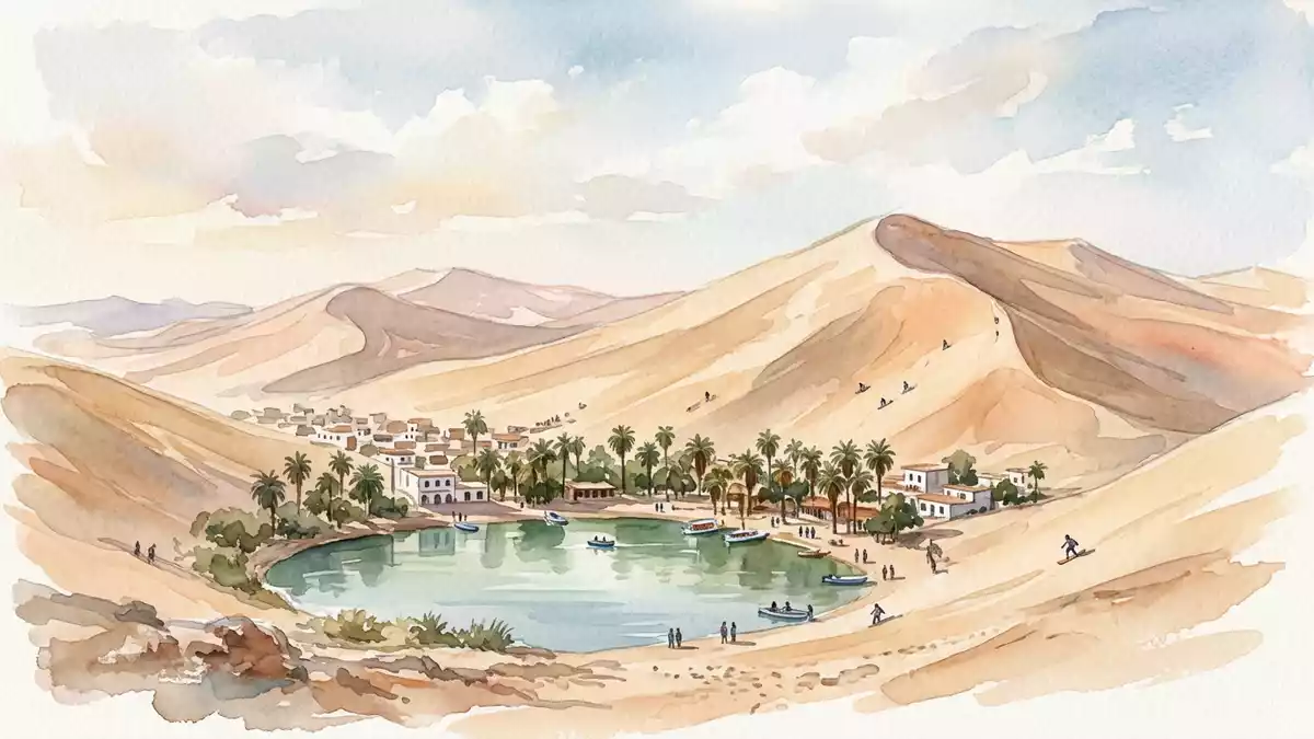 Aquarell-Illustration von Huacachina in Ica, Peru als Reiseposter