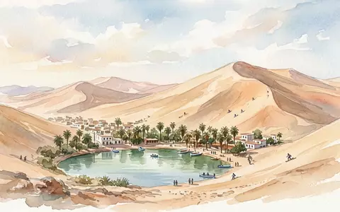 Aquarellillustration des Wahrzeichens Huacachina in Ica Peru, weiche Farbverläufe und pastelliges Reiseposter-Feeling - Foto: THN