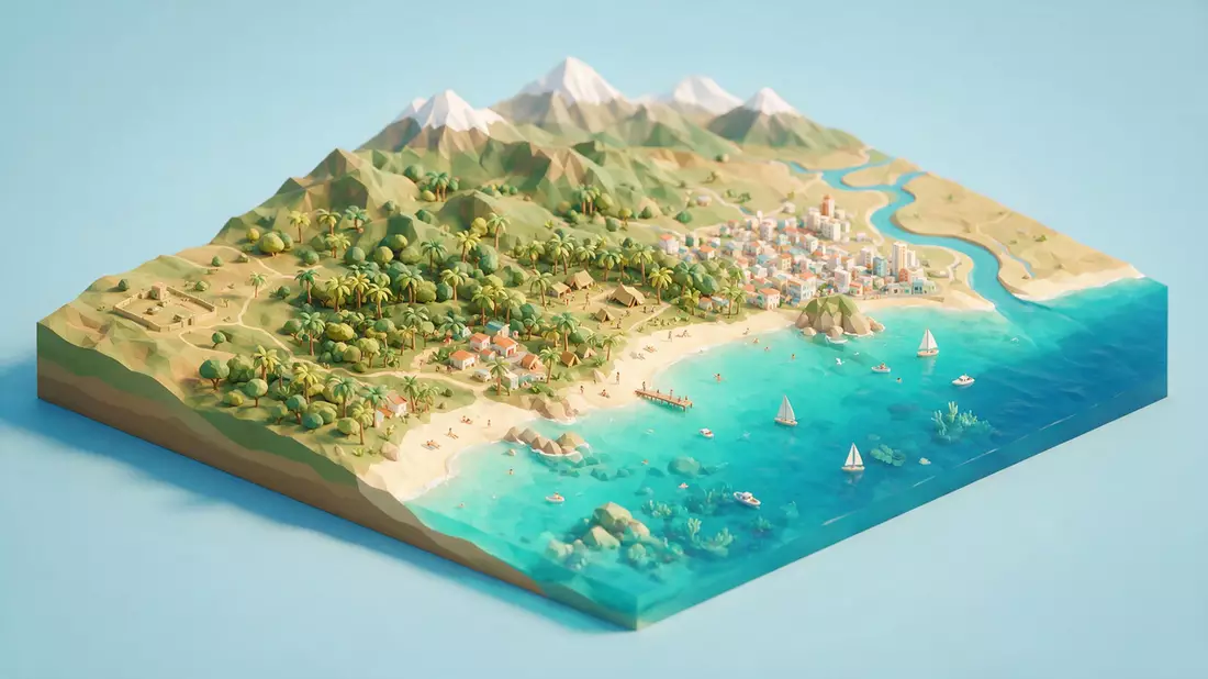 Isometrisches Diorama von Tayrona-Nationalpark in Santa Marta, Kolumbien in Pastell