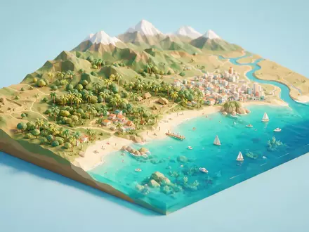 Isometrisches Diorama von Tayrona-Nationalpark und Umgebung in Santa Marta Kolumbien, verspielte Low-Poly-Kulisse in Pastellfarben - Foto: THN