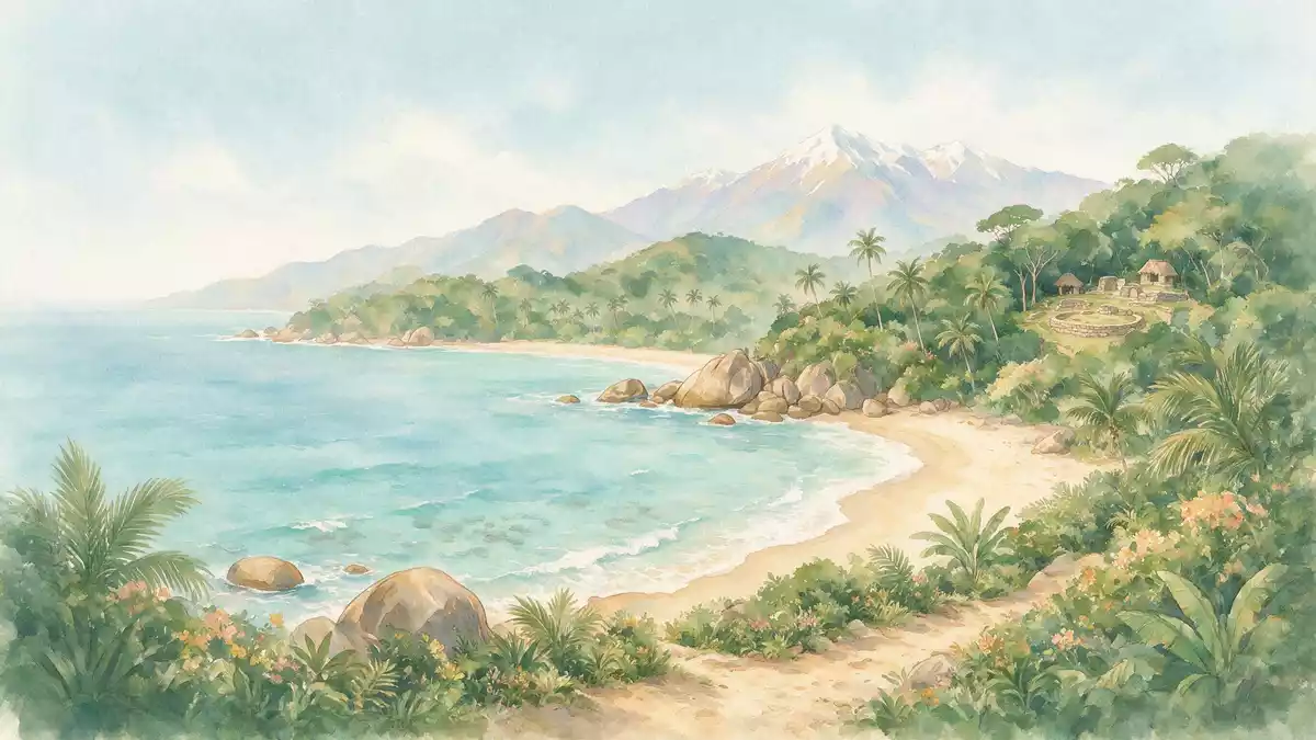 Aquarell-Illustration von Tayrona-Nationalpark in Santa Marta, Kolumbien als Reiseposter