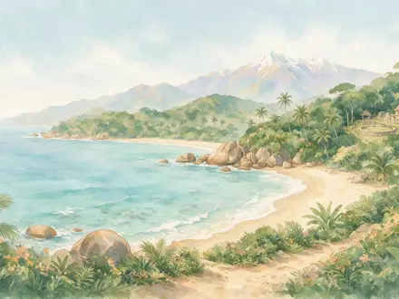 Aquarellillustration des Wahrzeichens Tayrona-Nationalpark in Santa Marta Kolumbien, weiche Farbverläufe und pastelliges Reiseposter-Feeling - Foto: THN