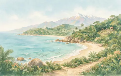 Aquarellillustration des Wahrzeichens Tayrona-Nationalpark in Santa Marta Kolumbien, weiche Farbverläufe und pastelliges Reiseposter-Feeling - Foto: THN