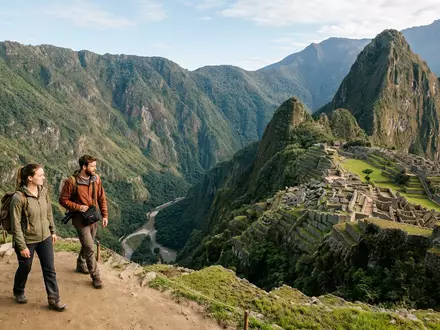 Editorialbild im Reisemagazin-Stil vom Wahrzeichen Machu Picchu in Aguas Calientes Peru, ausgewogene Bildgestaltung und natuerliches - Foto: THN