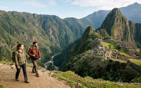 Editorialbild im Reisemagazin-Stil vom Wahrzeichen Machu Picchu in Aguas Calientes Peru, ausgewogene Bildgestaltung und natuerliches - Foto: THN