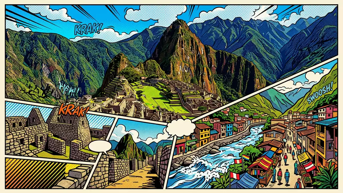 Pop-Art-Comic von Machu Picchu in Aguas Calientes, Peru mit Rasterpunkten