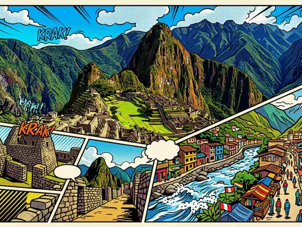 Pop-Art-Comicillustration des Wahrzeichens Machu Picchu in Aguas Calientes Peru, kraeftige Konturen Rasterpunkte und satte Farben - Foto: THN