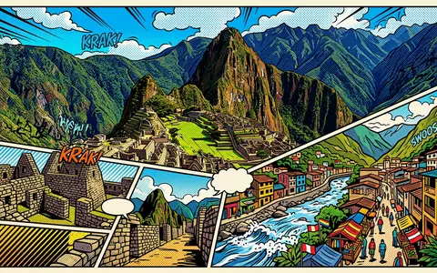Pop-Art-Comicillustration des Wahrzeichens Machu Picchu in Aguas Calientes Peru, kraeftige Konturen Rasterpunkte und satte Farben - Foto: THN
