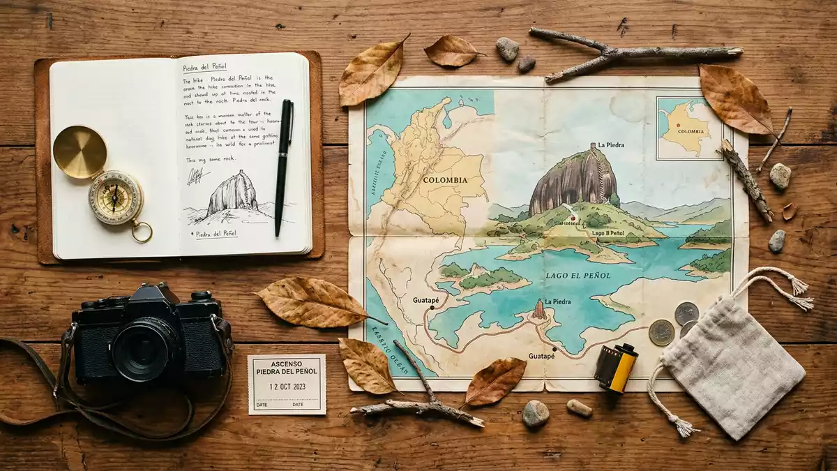 Flatlay-Reise-Arrangement rund um Guatape-Felsen in Guatape, Kolumbien