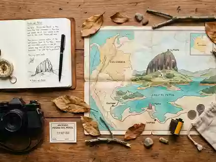Flatlay-Reise-Arrangement rund um Guatape-Felsen in Guatape Kolumbien, Karte Kompass Kamera und generische Reiserequisiten - Foto: THN
