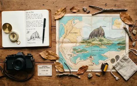 Flatlay-Reise-Arrangement rund um Guatape-Felsen in Guatape Kolumbien, Karte Kompass Kamera und generische Reiserequisiten - Foto: THN