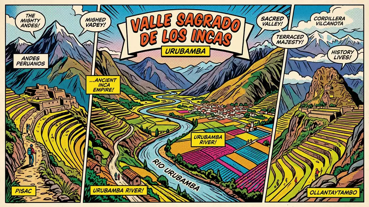 Pop-Art-Comic von Heiliges Tal der Inka in Urubamba, Peru mit Rasterpunkten