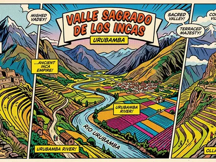 Pop-Art-Comicillustration des Wahrzeichens Heiliges Tal der Inka in Urubamba Peru, kraeftige Konturen Rasterpunkte und satte - Foto: THN