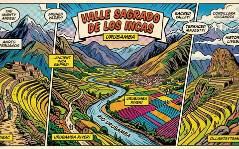 Pop-Art-Comicillustration des Wahrzeichens Heiliges Tal der Inka in Urubamba Peru, kraeftige Konturen Rasterpunkte und satte - Foto: THN