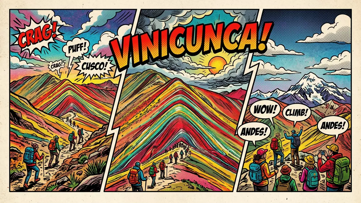 Pop-Art-Comic von Regenbogenberg Peru in Cusco, Peru mit Rasterpunkten