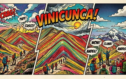 Pop-Art-Comicillustration des Wahrzeichens Regenbogenberg Peru in Cusco Peru, kraeftige Konturen Rasterpunkte und satte Farben - Foto: THN