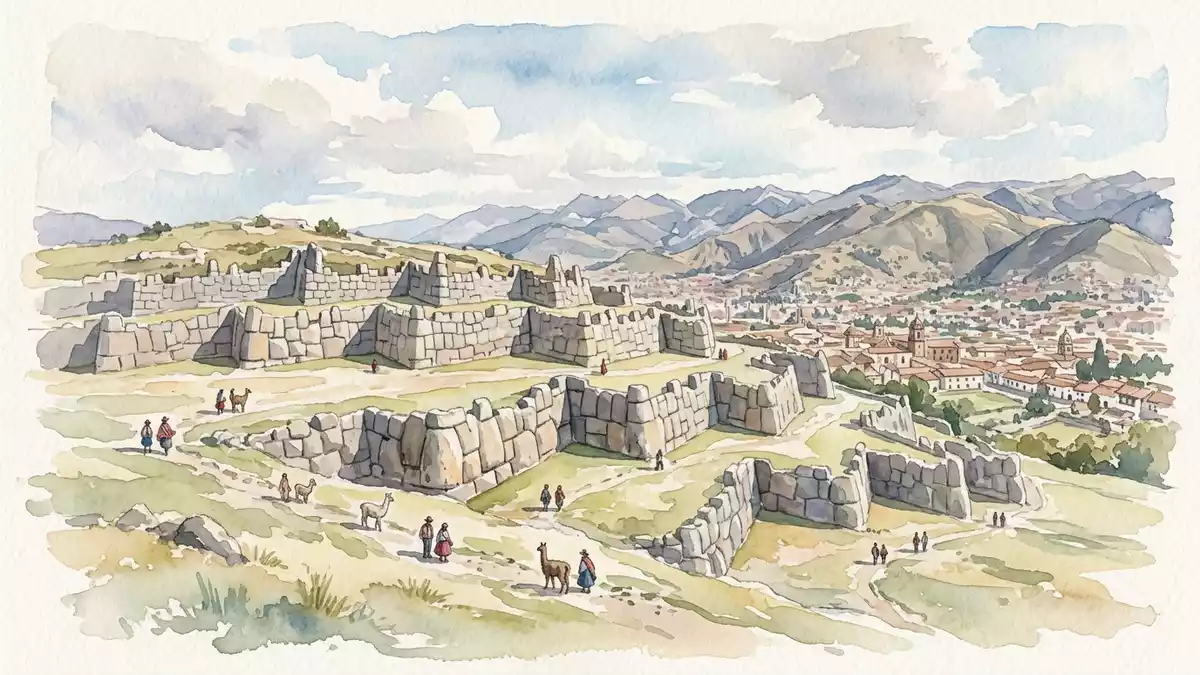 Aquarell-Illustration von Sacsayhuaman in Cusco, Peru als Reiseposter