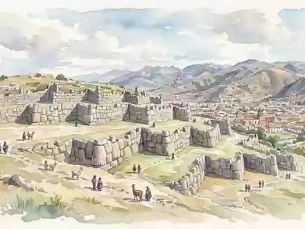 Aquarellillustration des Wahrzeichens Sacsayhuaman in Cusco Peru, weiche Farbverläufe und pastelliges Reiseposter-Feeling - Foto: THN