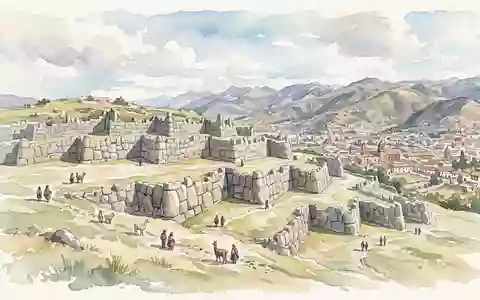 Aquarellillustration des Wahrzeichens Sacsayhuaman in Cusco Peru, weiche Farbverläufe und pastelliges Reiseposter-Feeling - Foto: THN