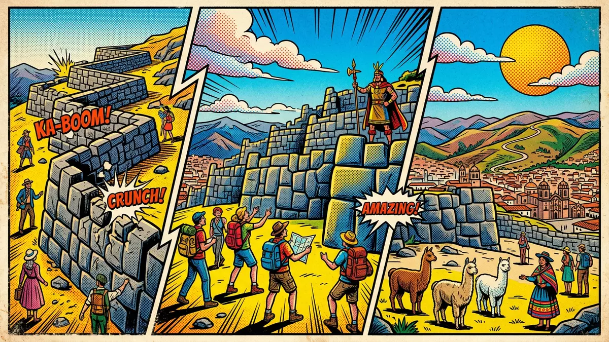 Pop-Art-Comic von Sacsayhuaman in Cusco, Peru mit Rasterpunkten